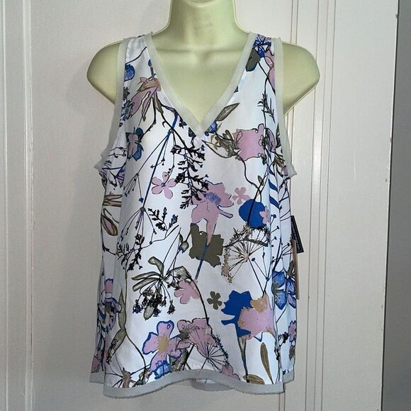 NWT Halogen white, pink & blue floral polyester sleeveless V neck blouse - Picture 1 of 9